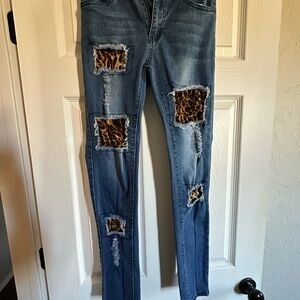 Lucky & Blessed Blue Jeans with Leopard Accents